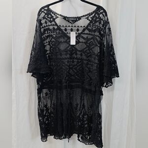 Lane Bryant 4X 26/28 Crochet Black Lace Tunic Babydoll Tie Waist Mesh Top